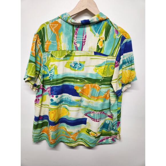 Vtg Jams World Women's Fish Pond Print Short Sleeve Shirt, Sz XL, In Multi. Flaw - Picture 2 of 13
